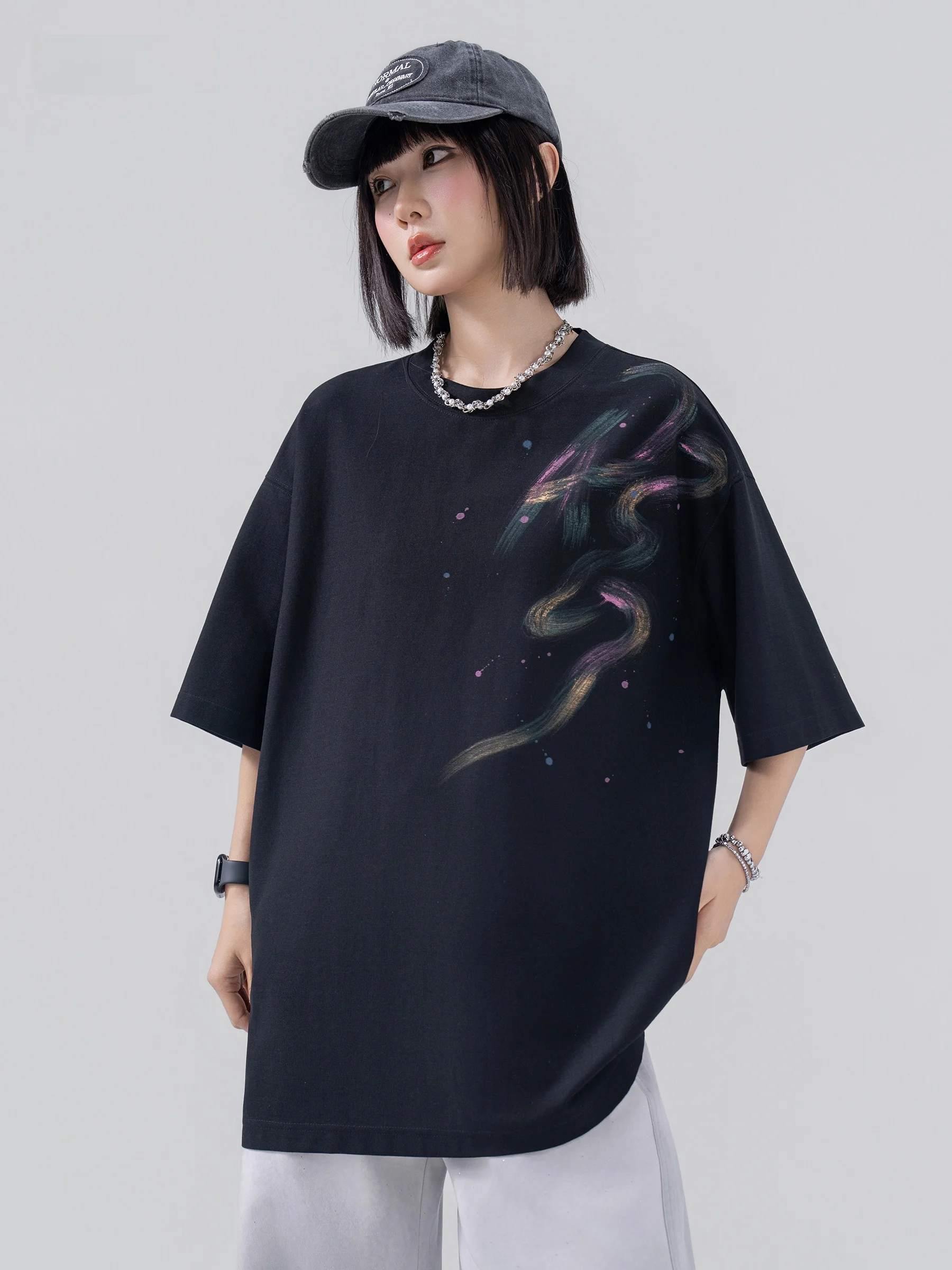 AOGZ American Street Graffiti Brush Print Loose Fit Short Sleeve T-Shirt Unisex Summer Heavyweight Trendy Cotton Polyester Blend