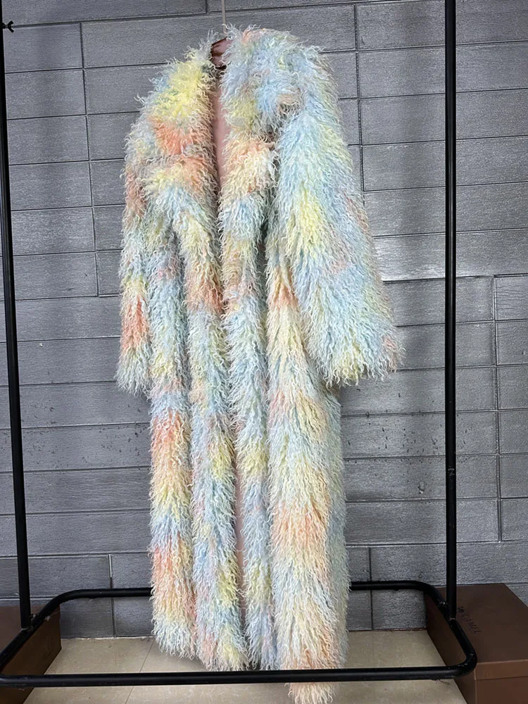 ZADORIN 130cm Long Colorful Lapel Mongolian Fur Coat Woman Thick Warm Fluffy Faux Fur Jacket Coats Winter Clothes Woman Clothing