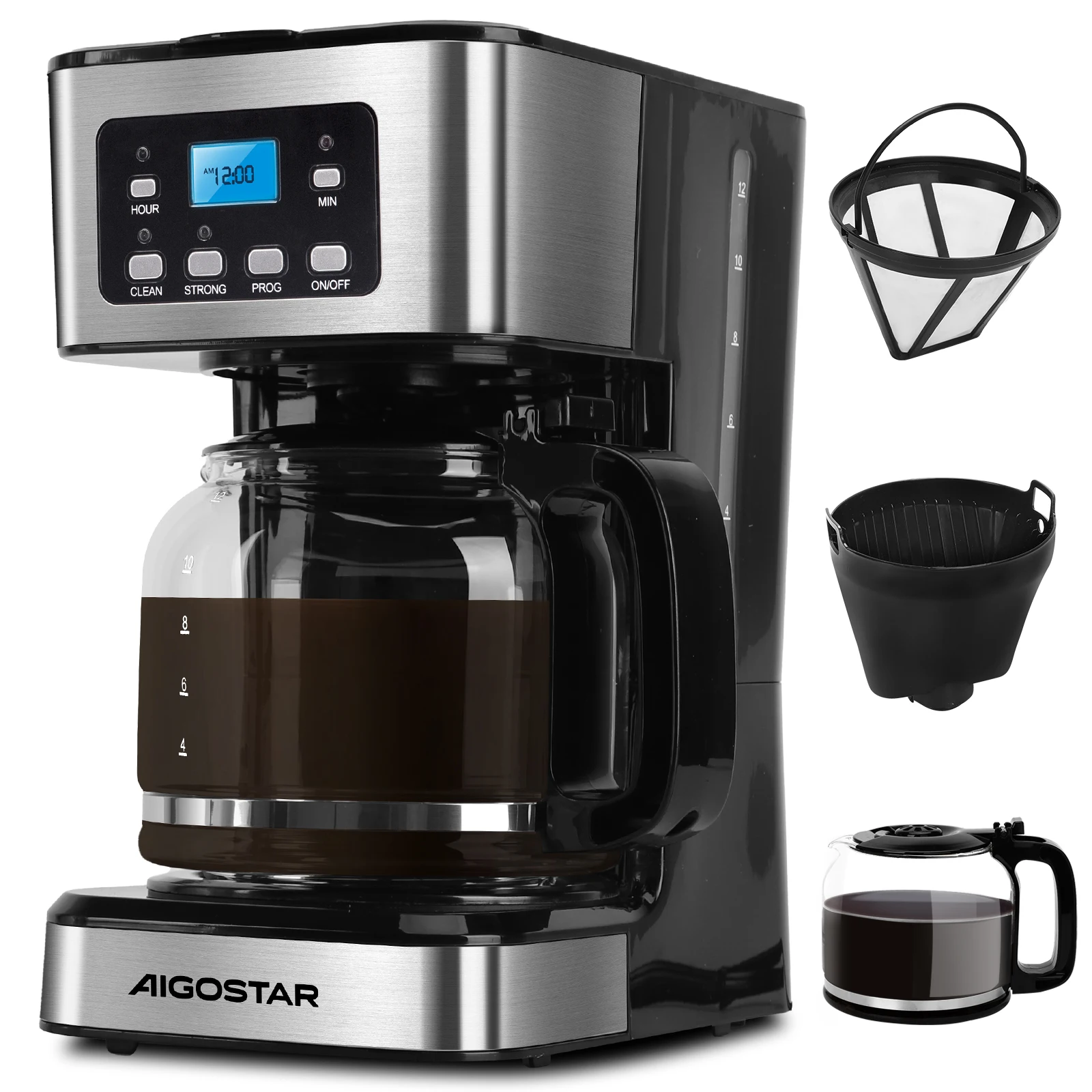 ماكينة صنع القهوة بالتنقيط من Aigostar، شاشة Lcd، فلتر قابل لإعادة الاستخدام، قابل للبرمجة، وظيفة التنظيف الذاتي (الإزالة الترسبات)، سعة 1.8 لتر (12 كوب)، وظيفة الدفء. خالية من مادة Bpa