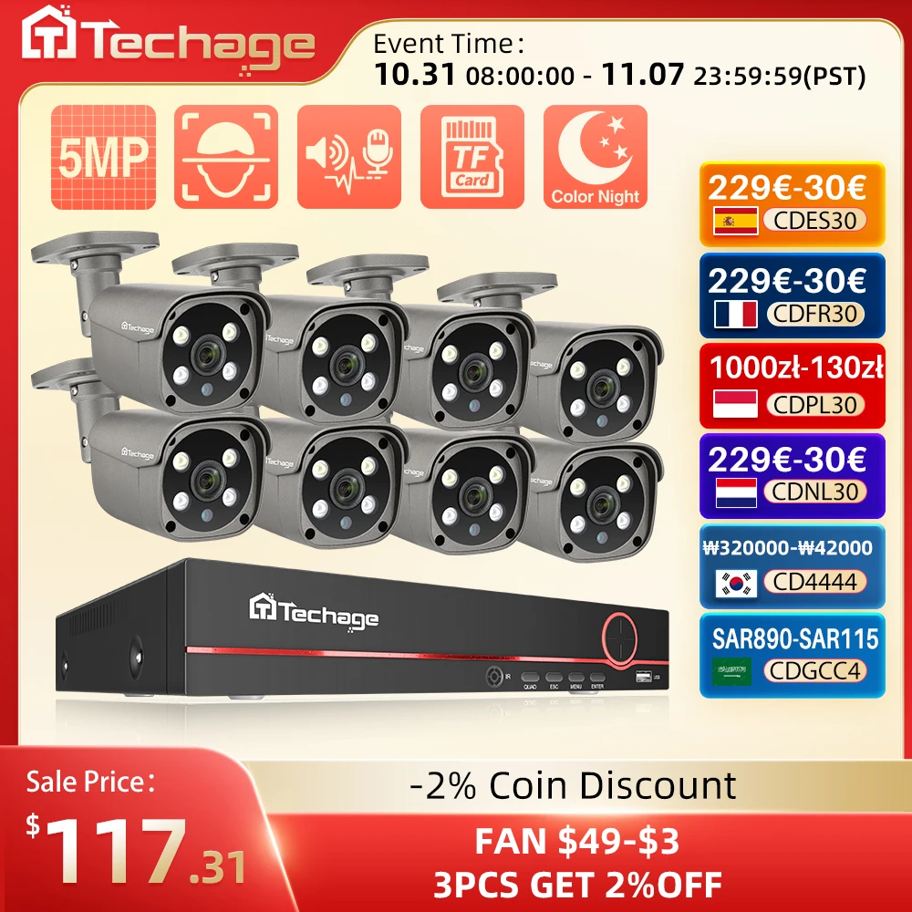 

Techage 8CH 5MP HD POE CCTV Security Camera System Home Video Surveillance Kit Face Detection Outdoor IP Camera Set Xmeye