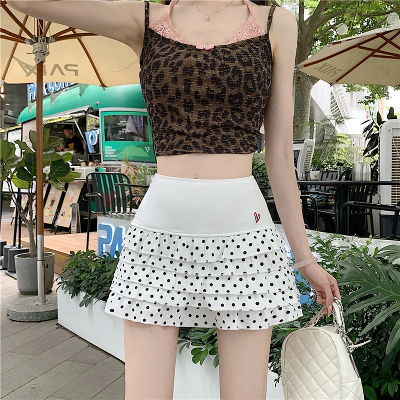 Sweet Ruffle Polka Dot Cake Skirt High Waist Mini Love Embroidery Spring Summer Women's Short Skirt Pants