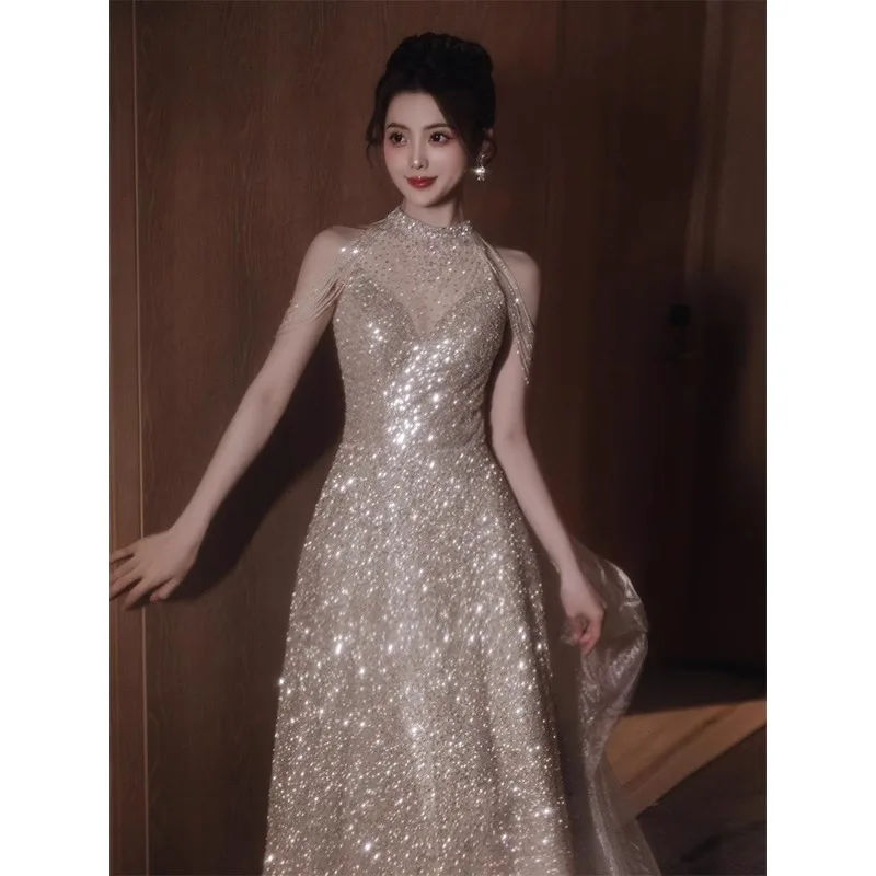 Champagne Color High-End Cany Annual Dinner Host Evening Gown Women's Collar Sequin Luxury Sensation Dr