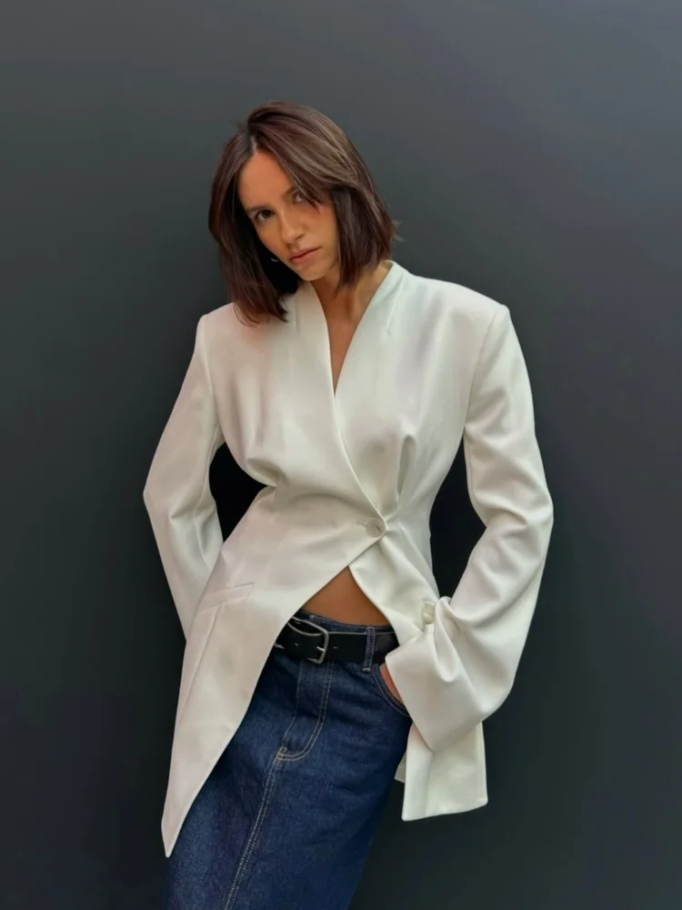 Elegant White One Button Blazer Jacket For Women Fashion Deep V-neck Long Sleeve Pocket Outwear 2024 New Office Party Tops