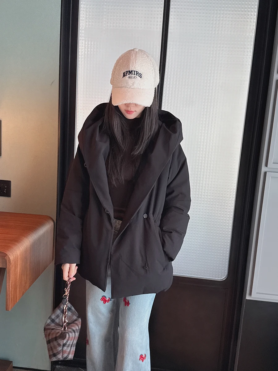 

Утепленное пальто Ele Thiened из гусиного пуха с капюшоном и поясом, теплое, с длинными рукавами, на молнии, средней длины