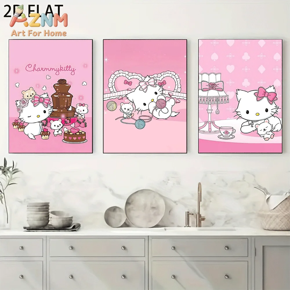 AZNM Sanrio Charmmy Kitty Canvas Wall Art Unframed Cute Cartoon Pink Chocolate Cake Tea Time Theme Print Painting Girls Bedroom