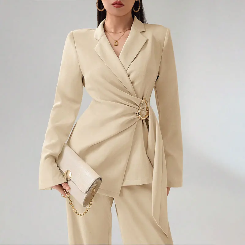 2026 Autumn/Winter New Fashion Women's Long-Sleeved V-Neck A-Line Waist-Skimming Laced Suit Jacket and Wide-Fitting Pants Set
