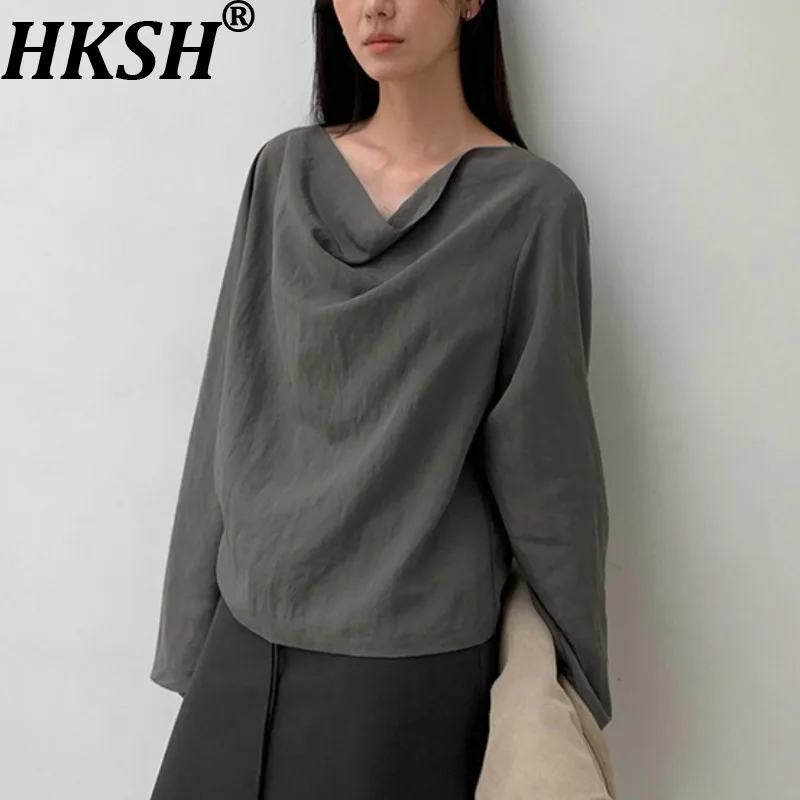 

HKSH Autumn New Women Shirt Swinging Collar Solid Color Drawstring Pleated Simple Style Temperament Tide Ins Casual Tops HK11413