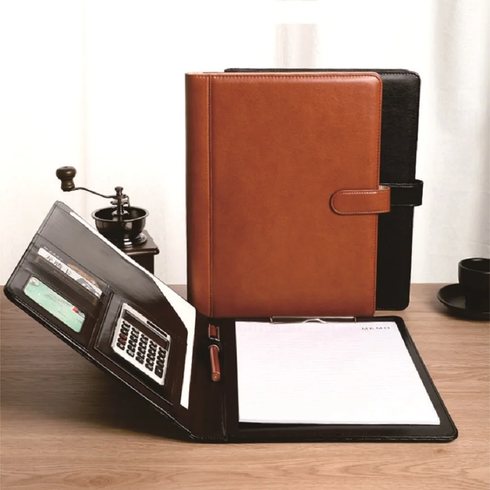

Premium leather notebook with calculator, pen, card & notebook pockets. Perfect for accountants, lawyers, managers and daily