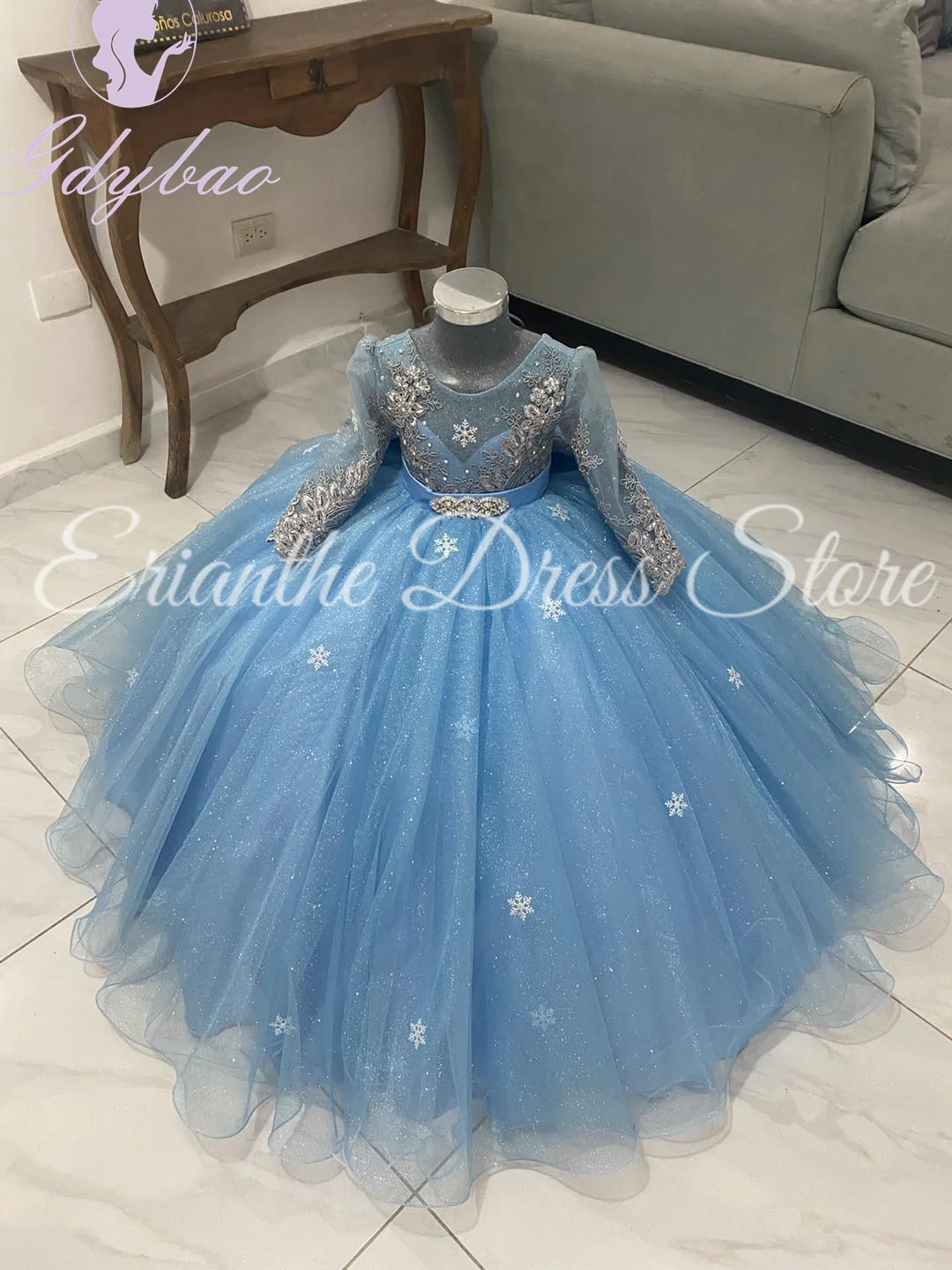 ชุดสาวดอกไม้สําหรับงานแต่งงานแขนยาวลูกไม้Tulleกับโบว์AppliqueสีขาวElegantเด็กFirst EucharisticวันเกิดPartyชุด