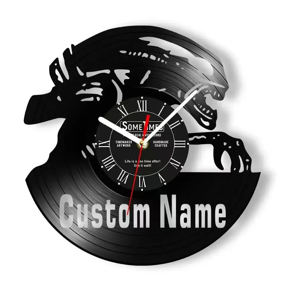 Personalized Alien Wall Clock Made of Real Vinyl Record Custom ET Name Sign Saucer Man Handicraft Art Music Album Craft Clock