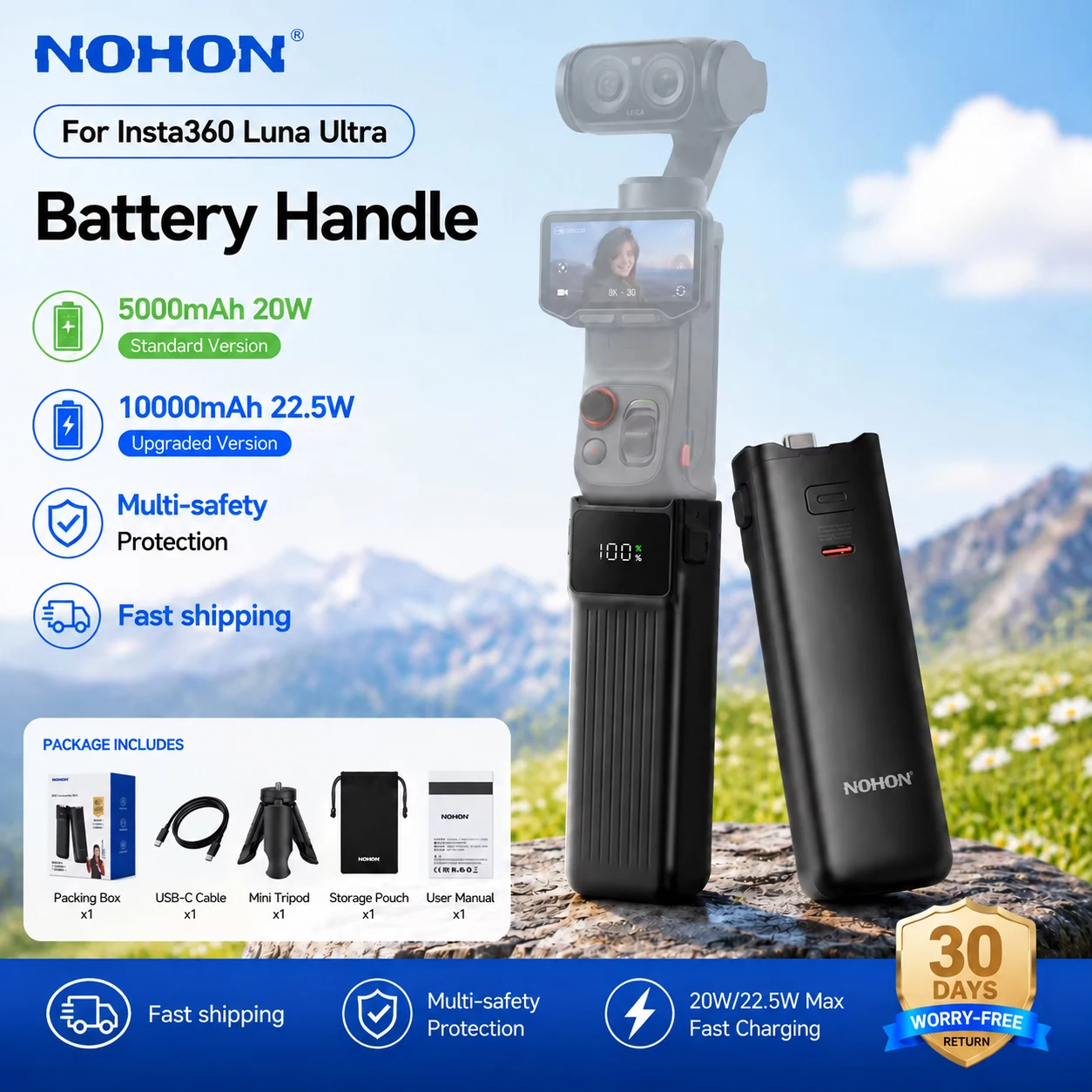 NOHON 5000mAh /10000mAh Battery Handle For Insta360 Luna Ultra 20W/22.5W Fast Charging CCC Extended Battery Grip For Luna Pro