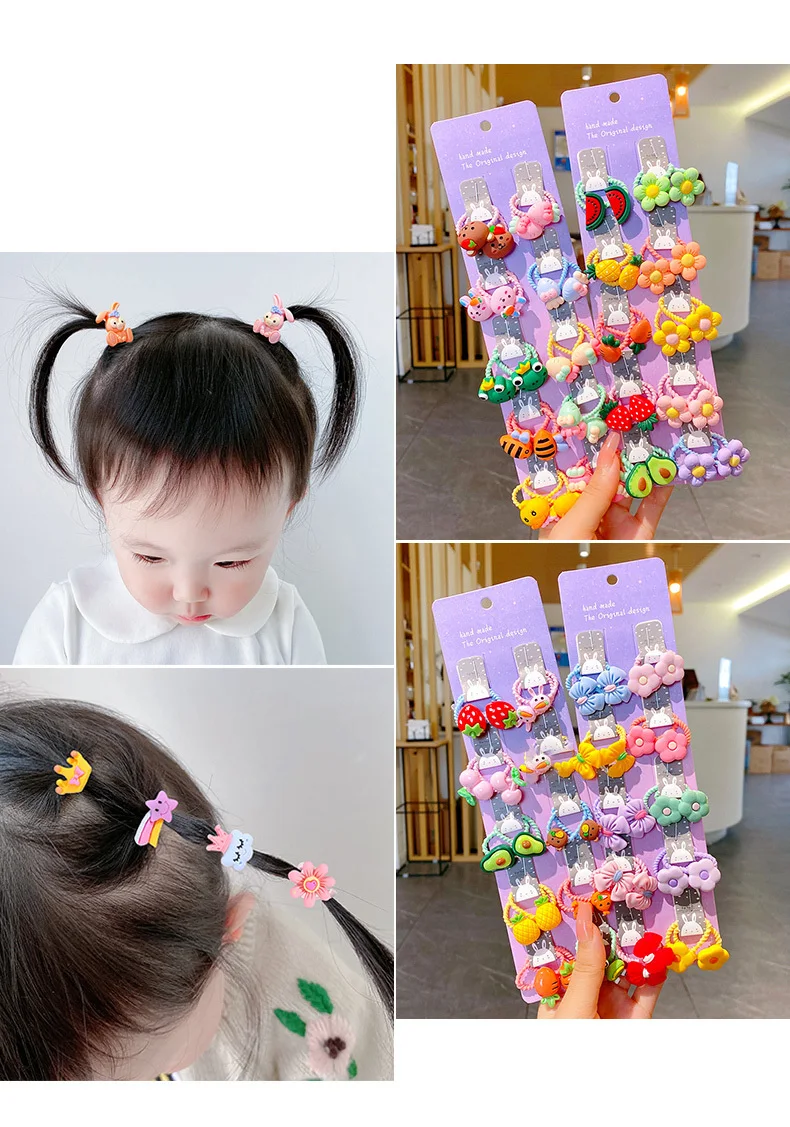 10PCS New Cartoon Animal Fruit Kids Elastic Hair Bands Cute Children Hair Ties Girls Hair Accessories Baby Headdress Headwear