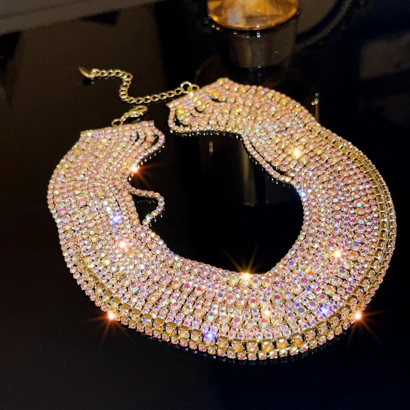 FYUAN Luxury Colorful Crystal Chokers Necklaces for Women Multilayer Gold Color Chain Rhinestone Necklaces Statements Jewelry