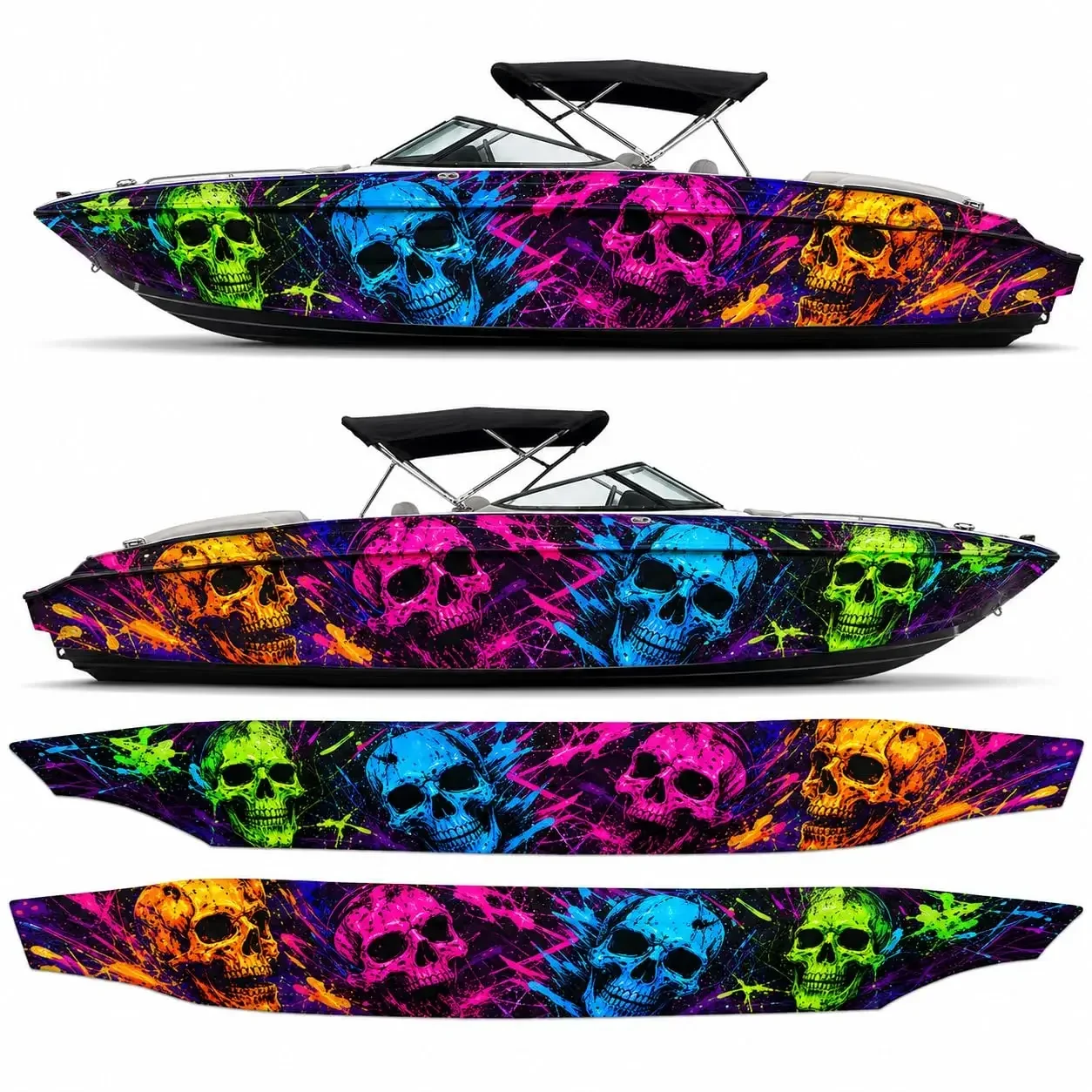 2Pcs Neon Skull Graffiti Boat Side Decals, Vivid Color Waterproof Sunproof Marine Hull Graphics