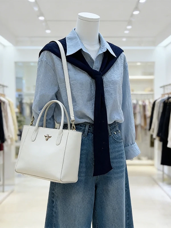 Large Size Spring Design Shoulder Shawl Shirt High Waist Wide Leg Jeans Three Piece Set Women's Fashion Casual Wear view 3