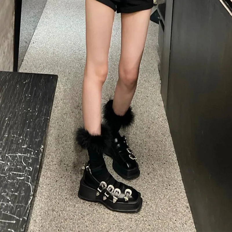 Vintage Lolita Mary Jane Shoes for Women, Y2K Harajuku Square Toe 5CM Heel Buckle Strap Leather Shoes, JK Uniform Platform Pumps