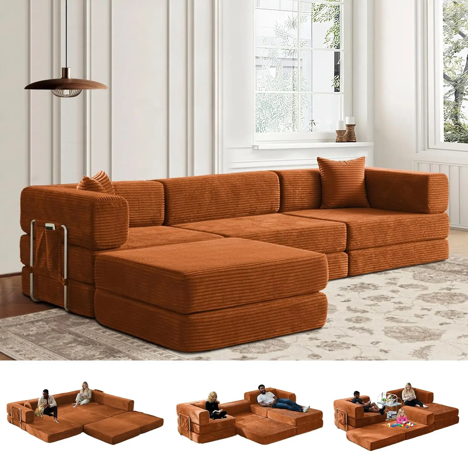 # Klappbares Schlafsofa, wandelbares Cord-Sofa, Kingsize-Bodenschlafsofa, 4-in-1 DIY-Kombinations-Modulsofa, ausklappbar, individuell anpassbar