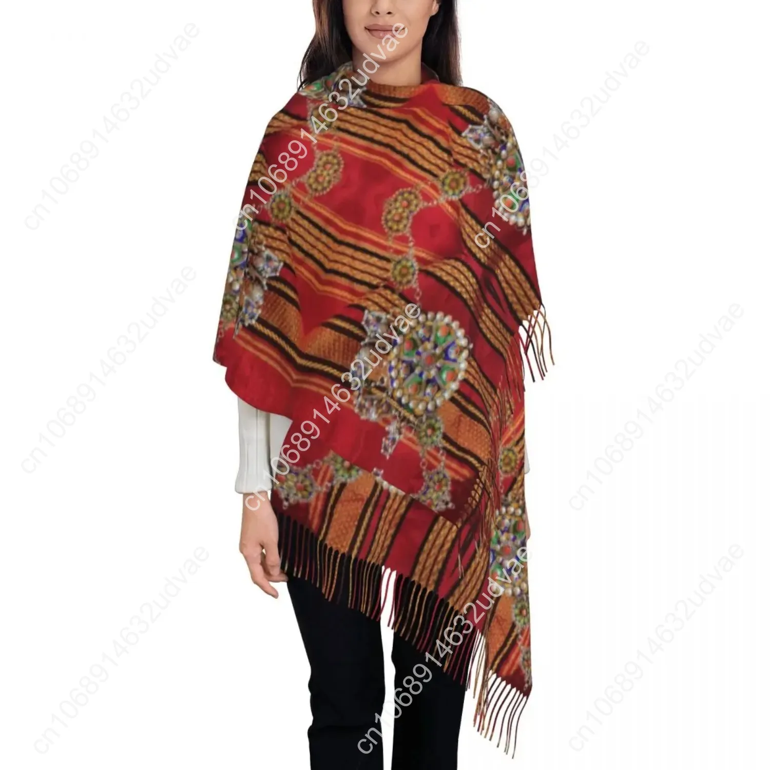 

Custom Amazigh Kabyle Jewelry Scarf Wrap for Women Long Winter Fall Warm Tassel Shawl Unisex Africa Berber Ethnic Style Scarves
