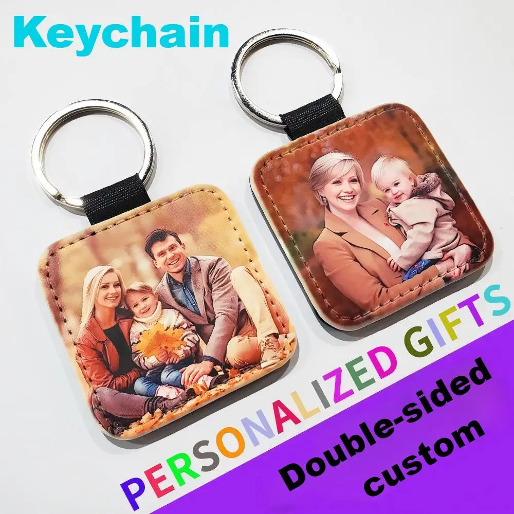 Personalized Photos Keychain PU Leather Double Sided Keychains Customiz Pop Star Picture Couple Pet Heart Rectangle Keyring Gift