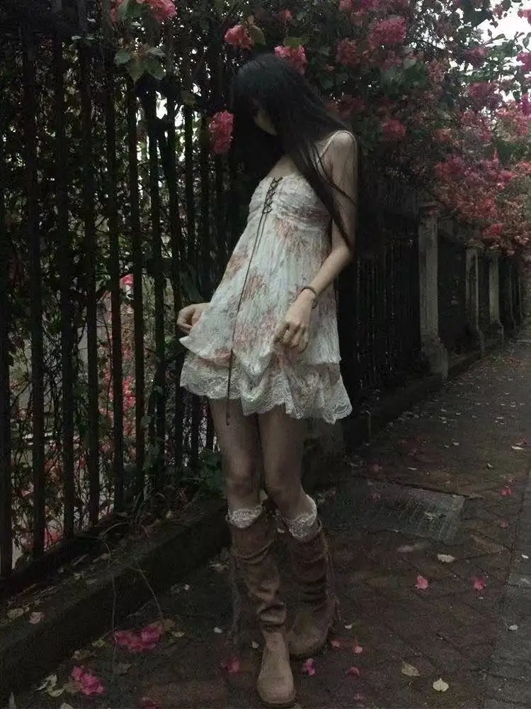 Women Sweet Lolita Bud Mini Dress Y2K Harajuku Spaghetti Strap Dress Gothic Retro Daily Casual Fashion Outfits