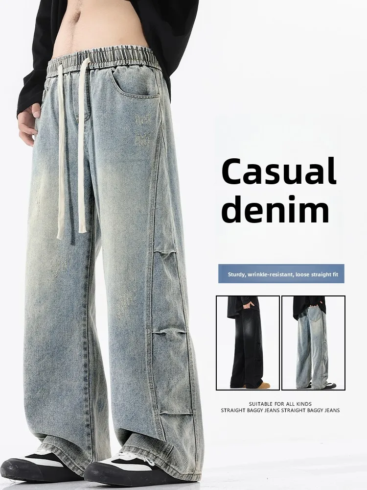 

Мужские джинсы в стиле ретро из Гонконга, свободные прямые повседневные брюки, новинка 2026 года, американские широкие рабочие брюки из хлопкового денима