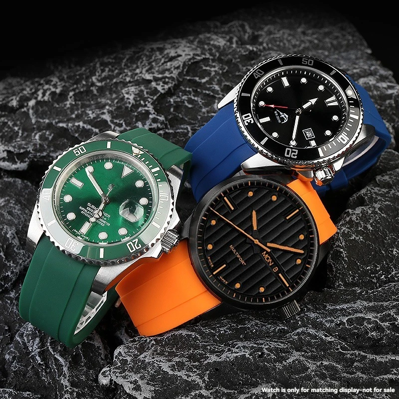 롤렉스 Submariner, Seiko, Citizen, Tissot용 20mm 21mm 22mm 곡선 엔드 실리콘 고무 시계 스트랩 |   유니버설 스포츠 손목밴드