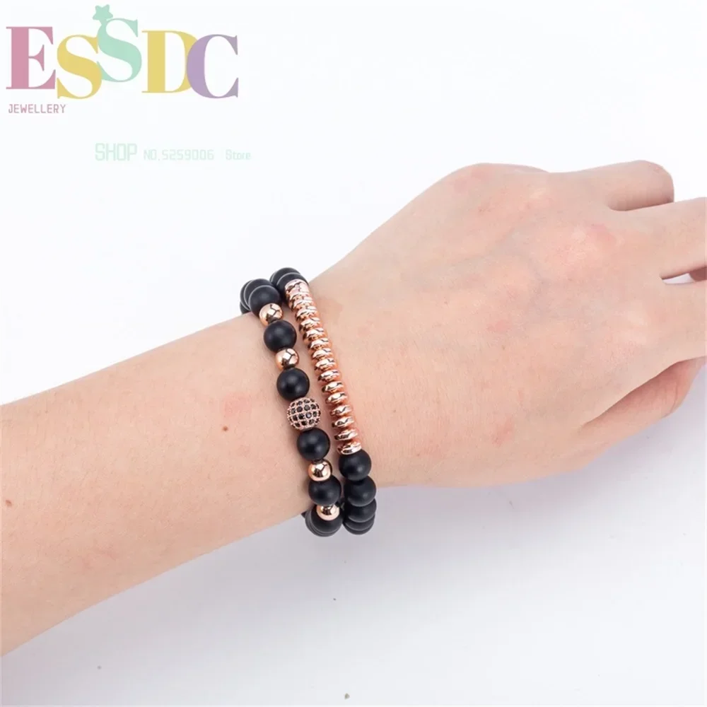 Hot Sale Matte Black Onyx Set Bracelet Energy Stone Beaded  Micro Inlay Zircon Copper Charm Unisex Jewelry Dropship
