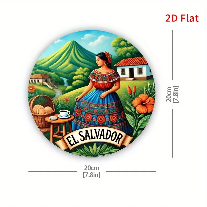 2D Flat, 1pc Salvadoran Countryside Metal Wall Decor - Traditional Woman in Blue Dress with Coffee Cup, Volcanic Landscape - Cul
