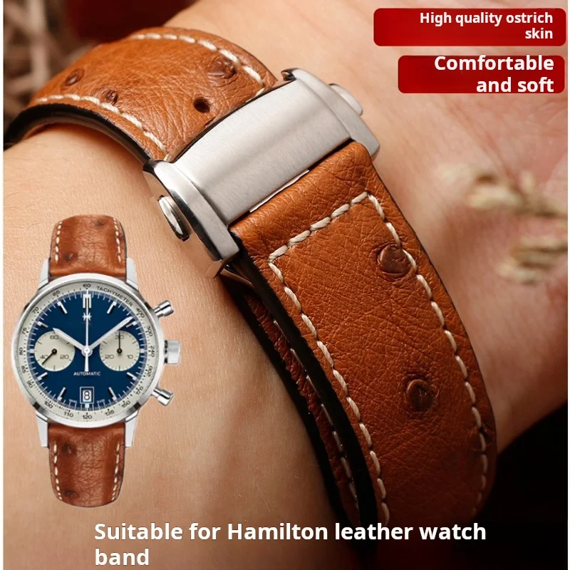 Ostrich Leather Watchband For Hamilton Jazz Khaki Aviation Series H32755851 Folding Clasp Watch Strap Replace Bracelet 20mm 22mm