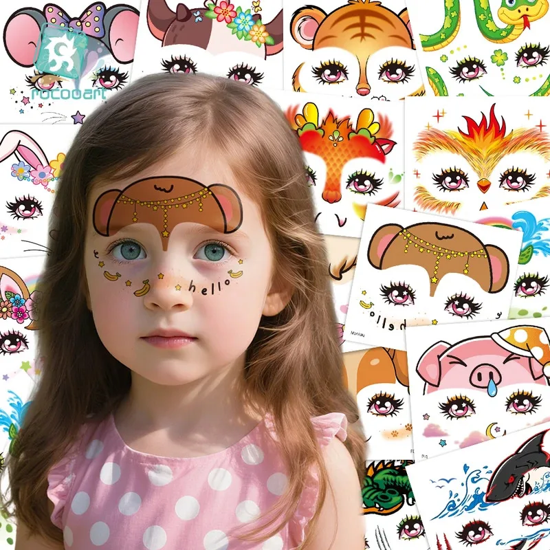 

2 шт. временные татуировки с китайскими знаками зодиака, безопасные для кожи, DIY, временные наклейки для лица на день рождения для детей, для девочек и мальчиков