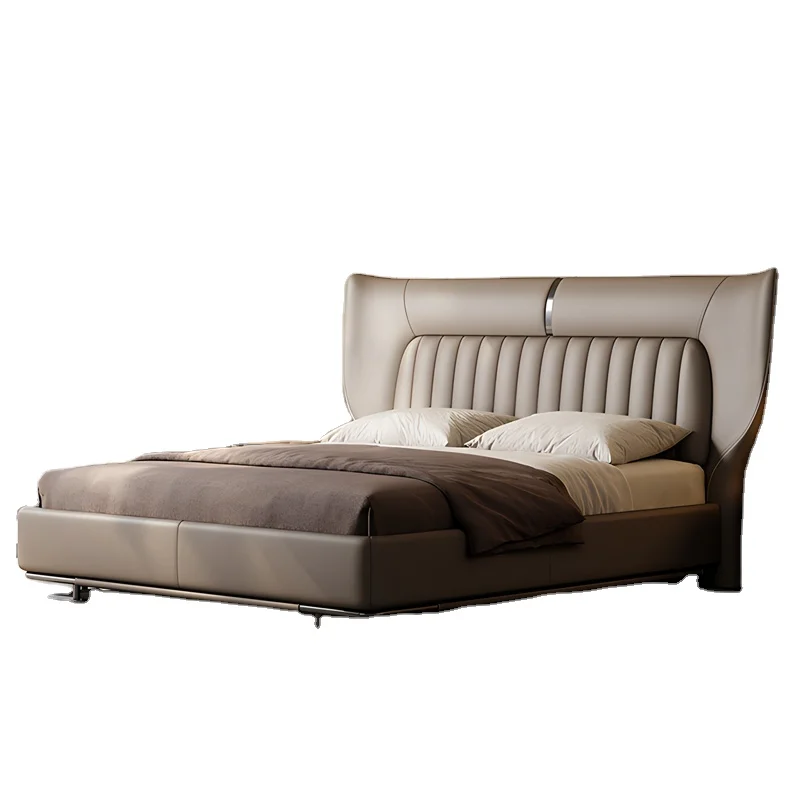 

# Luxury Wing-Shaped Leather Bed for Bedroom, Vertical-Tufted Leather Upholstery with Metal Trim & Sleek Modern Aesthetic