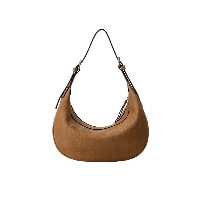 Qiuzhen Vegetable-Tanned Calfskin Crescent Hobo Bag Commuter Shoulder Bag Underarm Bag for Women Versatile Casual Style