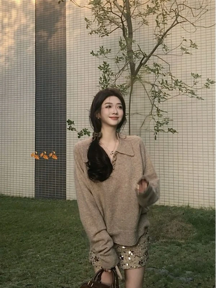 

Women's V-Neck Pullover Sweater Loose Lazy Style Korean System Base Knitted Shirt Short Skirt Half Skirt Two-Piece Set