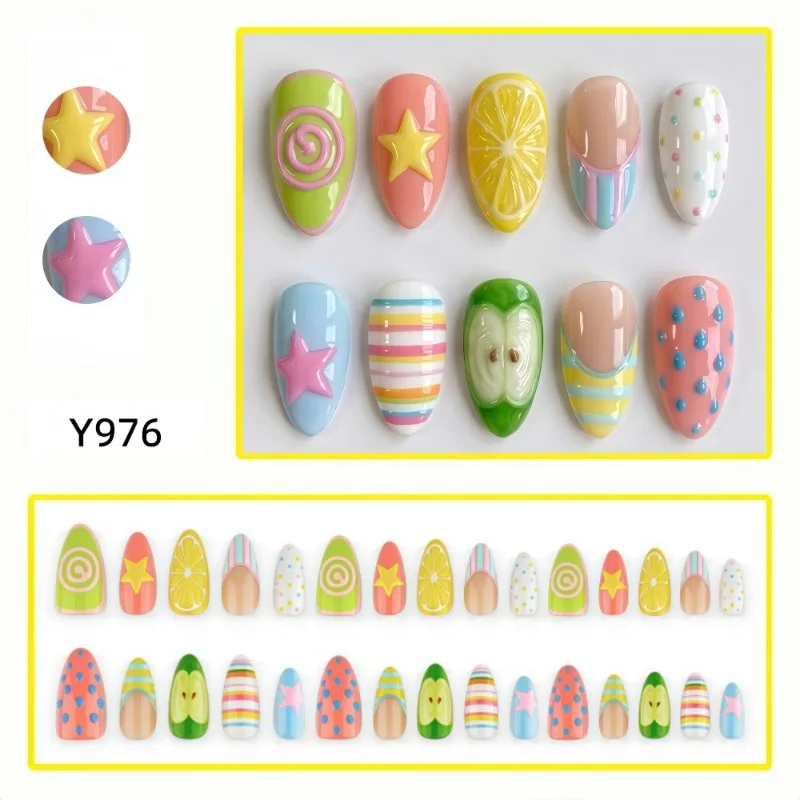 30Pcs False Nails Spiral Embossed Dopamine-Inspired Lemon Apple and Star Designs Press-On Nails—Perfect As A Gift for Girls