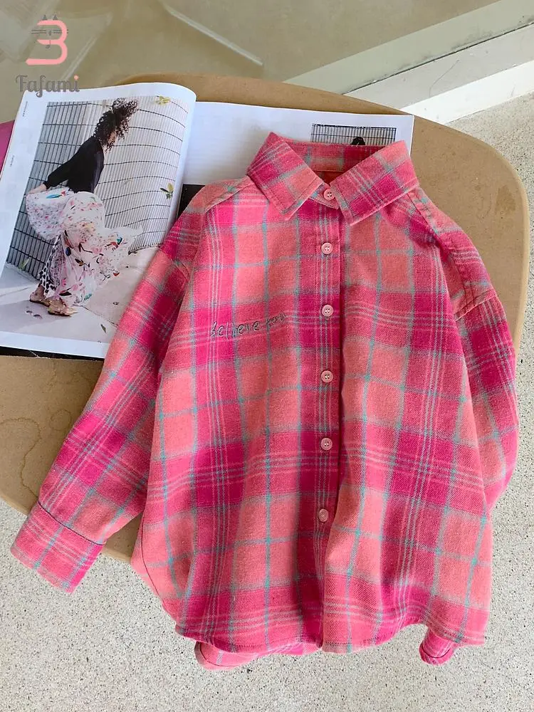 Plaid Shirts & Blouses For Girls Korean Children\'s Clothing 2023 Spring Pink Cotton Baby Tops Young Children Kids Boys Wear 2-8Y