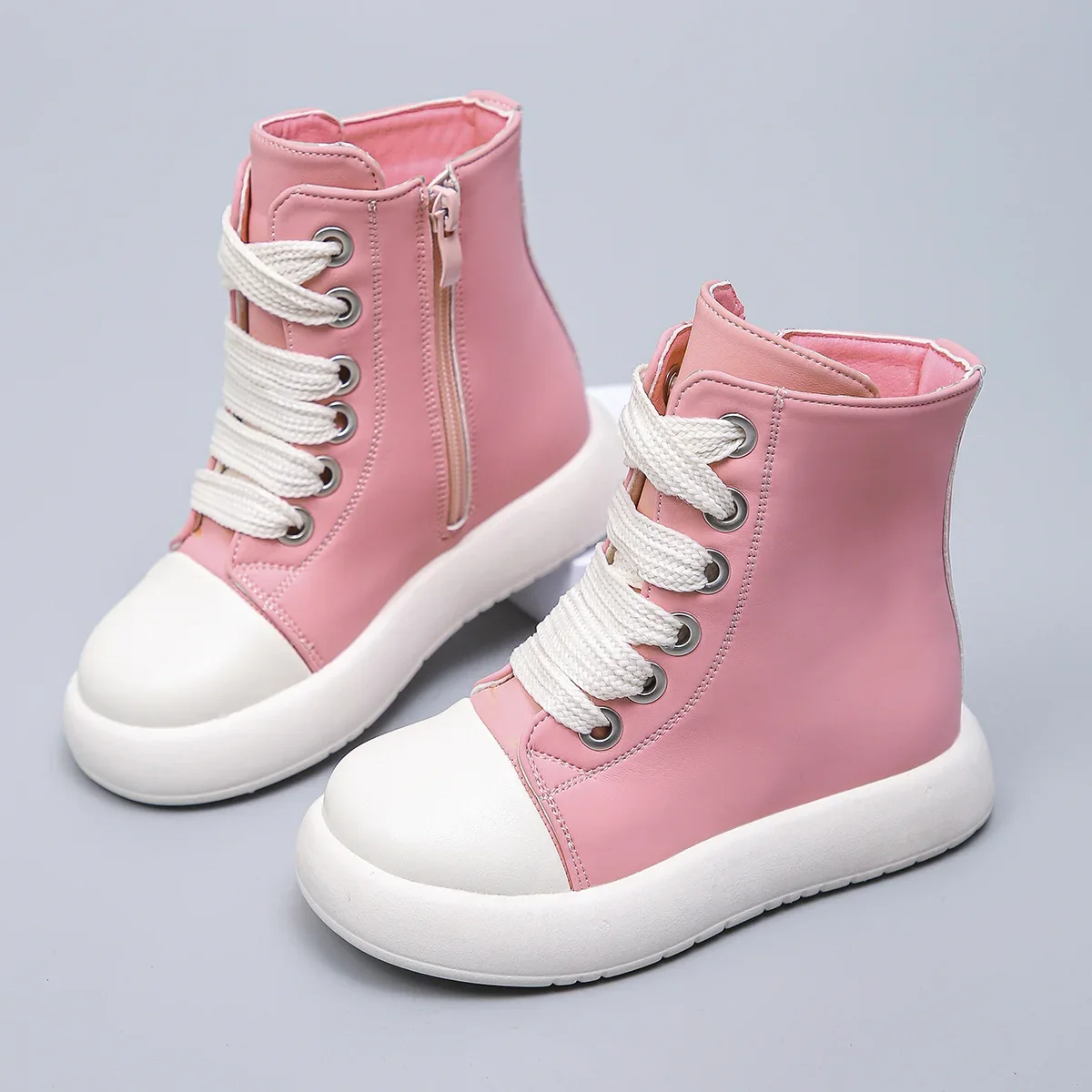 Luxury Brand Design Children Leather Boots Boys High Top Casual Sneakers Fashion Kids Girls Platform Ankle Boots Lace Up Shoes