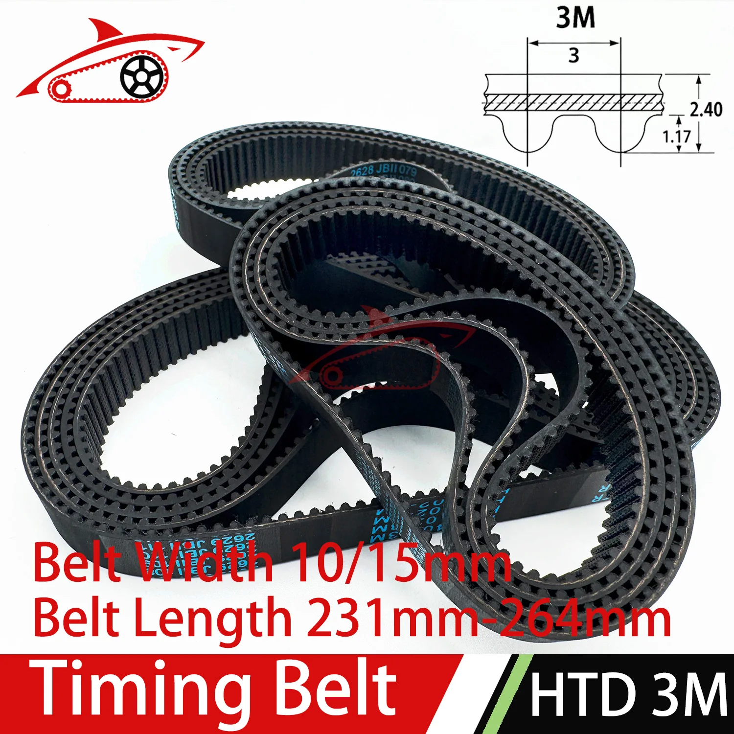 HTD 3M Timing Belt Length 231/234/237/240/243/246/249/252/255/258/261/264mm Width10/15mm 3M Closed Loop Rubber  Synchronous Belt