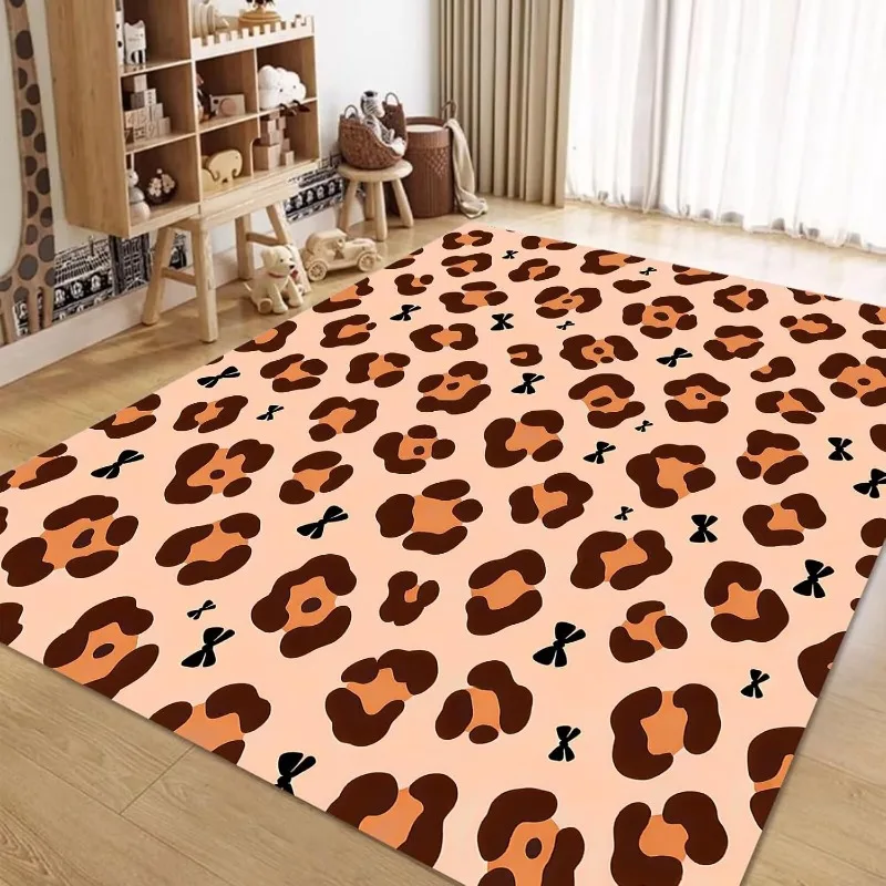 Cute Leopard Bow‑knot Carpet Light Pink Brown Animal Spots Pattern Floor Carpet Modern Stylish Decorative Area Rug for Indoor