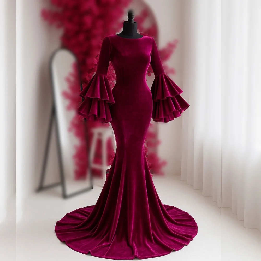 

Customized Elegant Velour O-Neck Flare SleeveTemperament Mermaid Long Dresses Evening Dress Bespoke Occasion Prom Wedding Party
