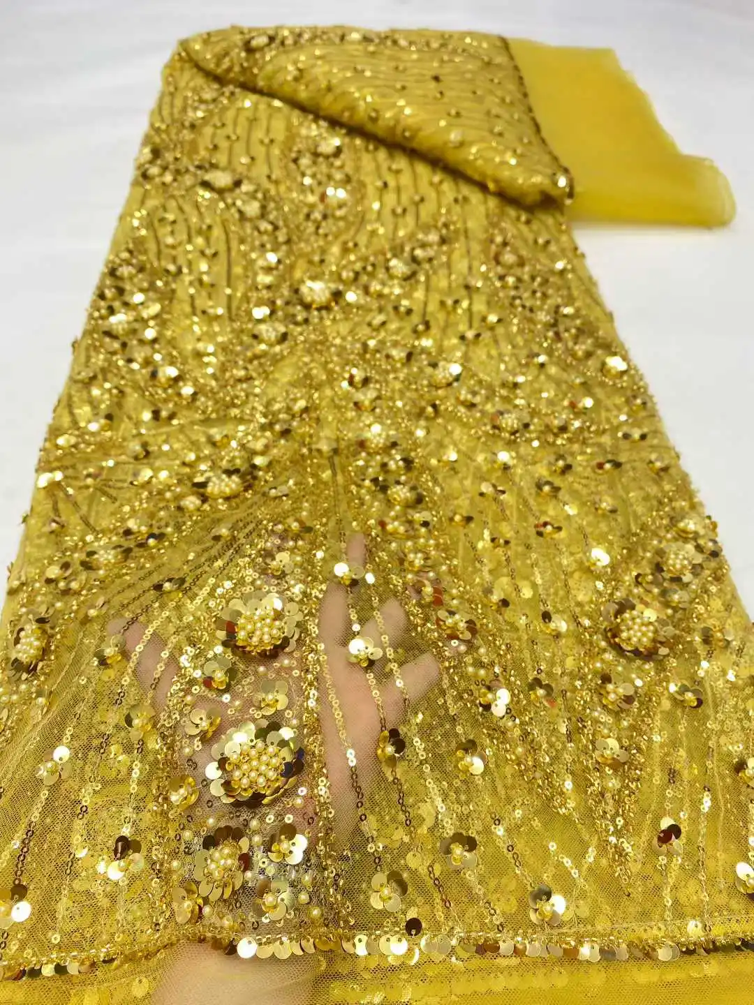 

Latest 2025 African Nigerian France Hot Sale Tulle Lace Fabric With Beads Sequins High End for Bride Wedding Party Sew Dresses