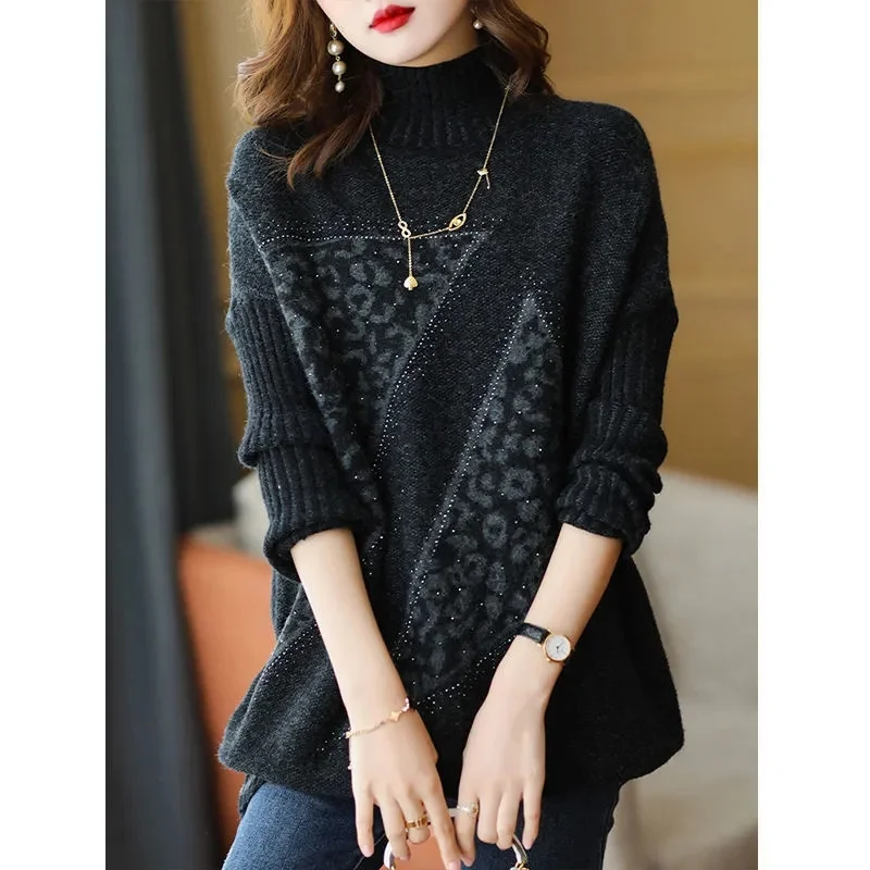 Autumn Winter Ladies Loose Fitting Pullover Knitwear Women Half High Collar Long Sleeves Knitting Female Large Size 4XL Sweater