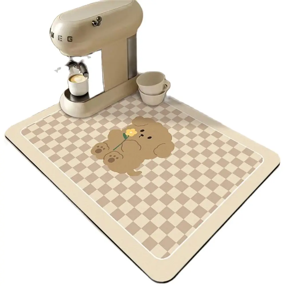 Coffee Machine Cute Bear Drain Mat Kitchen Countertop Simple Cream Absorbent Mat Table Table Washable Dry Non-slip Mat