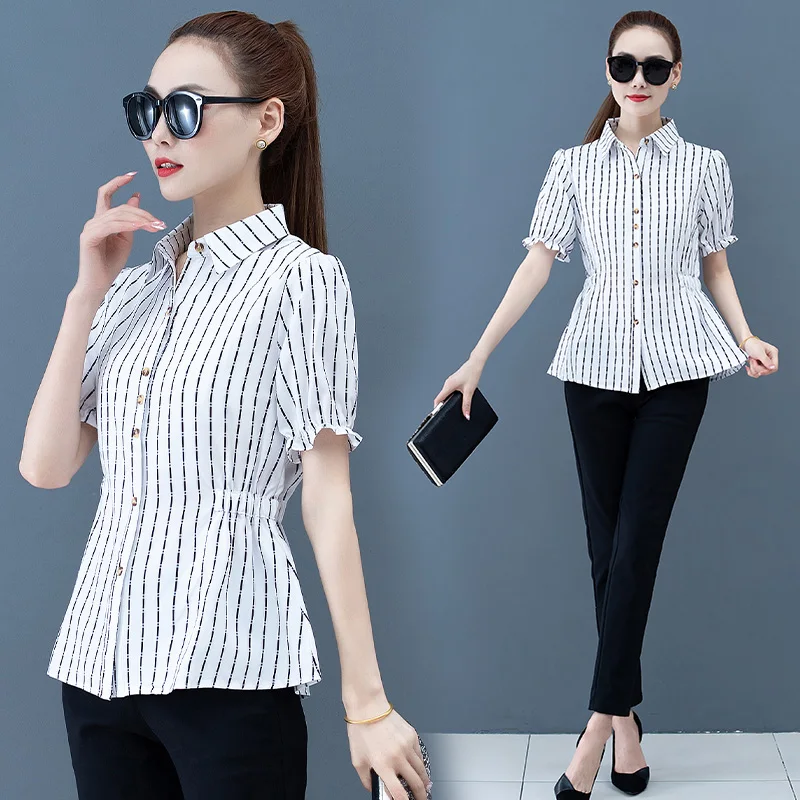 Sommer Chiffon Frauen Shirts Gestreiften Büro Dame Button Up Shirt Kurzarm Damen Tops Weiß Frauen Bluse Camisas Mujer NS5109