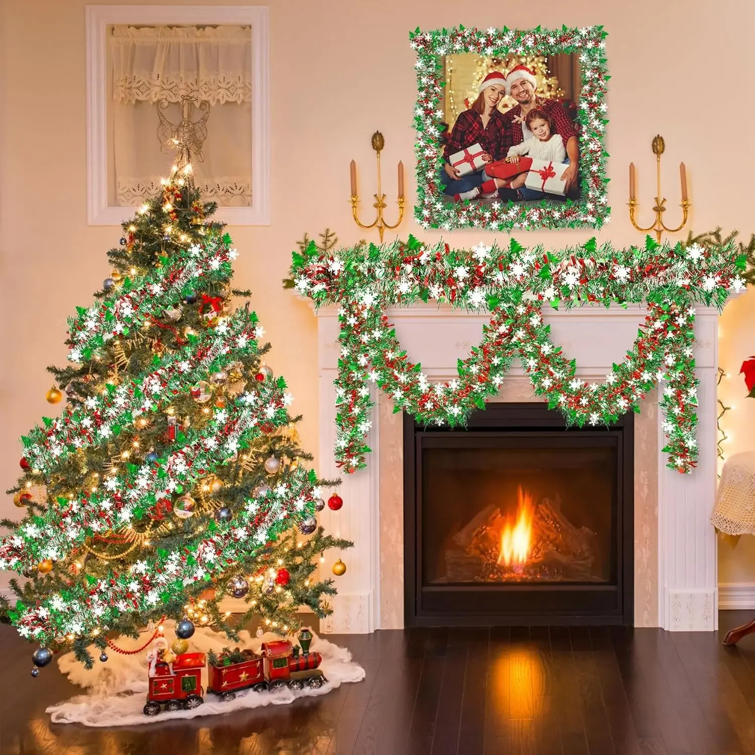 

Shiny Metallic Christmas Tinsel Garland Adjustable Reusable for Tree Decor Home Living Room Easy-Hang Dustproof Xmas Decoration
