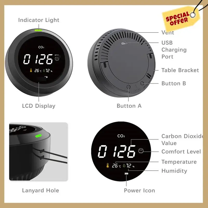 1 шт. PTH-5 мониторы углекислого газа NDIR CO2 датчик удобная среда пластик с датчиком температуры и влажности