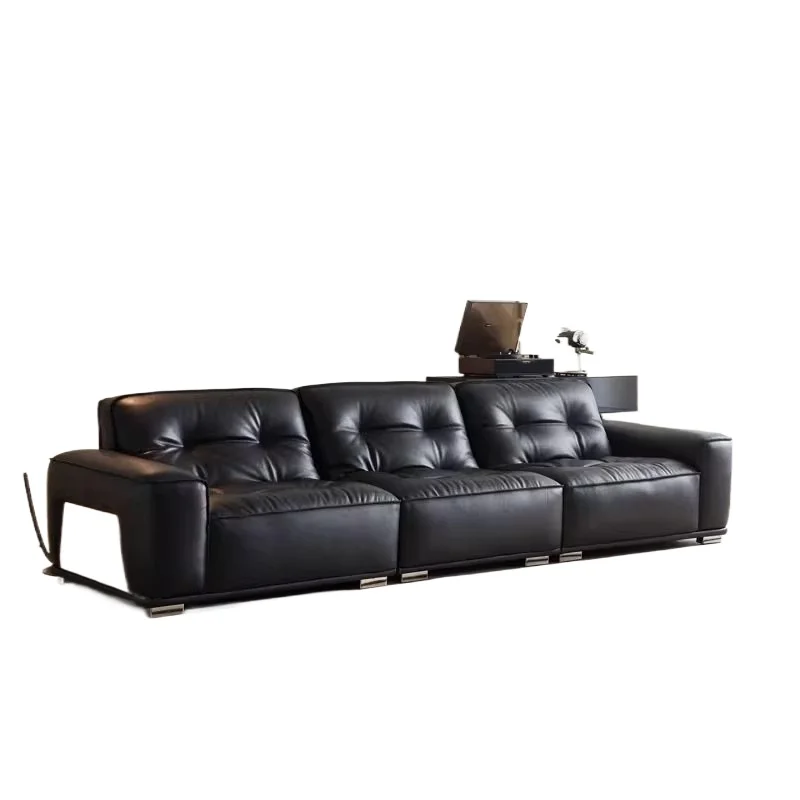 Minimalist leather sofa, black 2024 new living room, retro, sofa