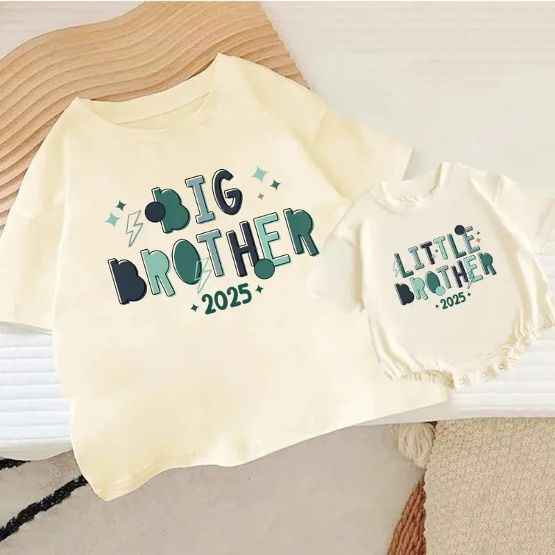 Big/Little Brother 2025 Print Family Matching Outfit Casual Retro Brother Outfits Kids Tshirt+Baby Romper Summer Fashion Clothes