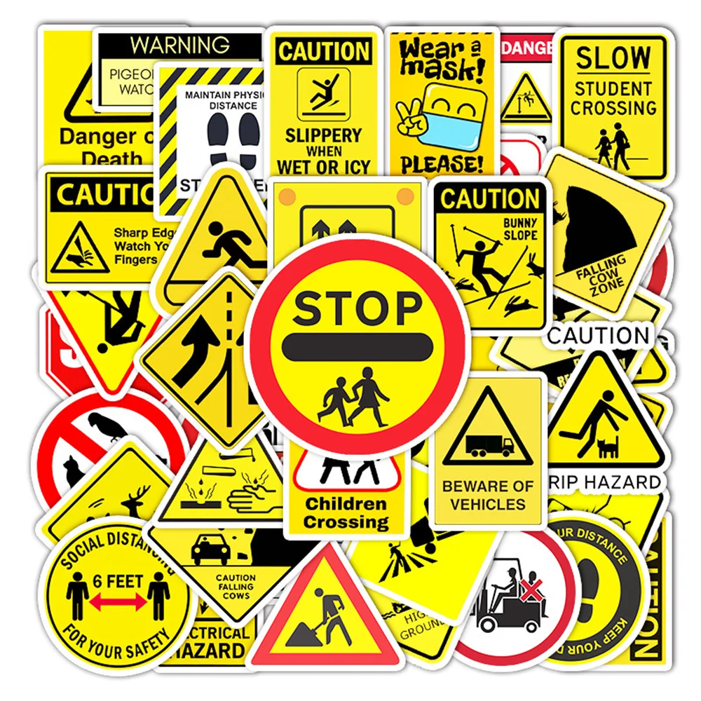 50PCS Yellow Warning Sign Graffiti Sticker for Luggage Laptop IPad Guitar Skateboard Journal Waterproof Sticker
