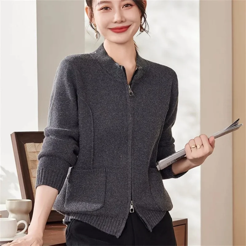 

Women Knitwear 100% All cotton Cardigan Fashion Sweater Long sleeves Double Zipper Style Thick Warm Basics Tops
