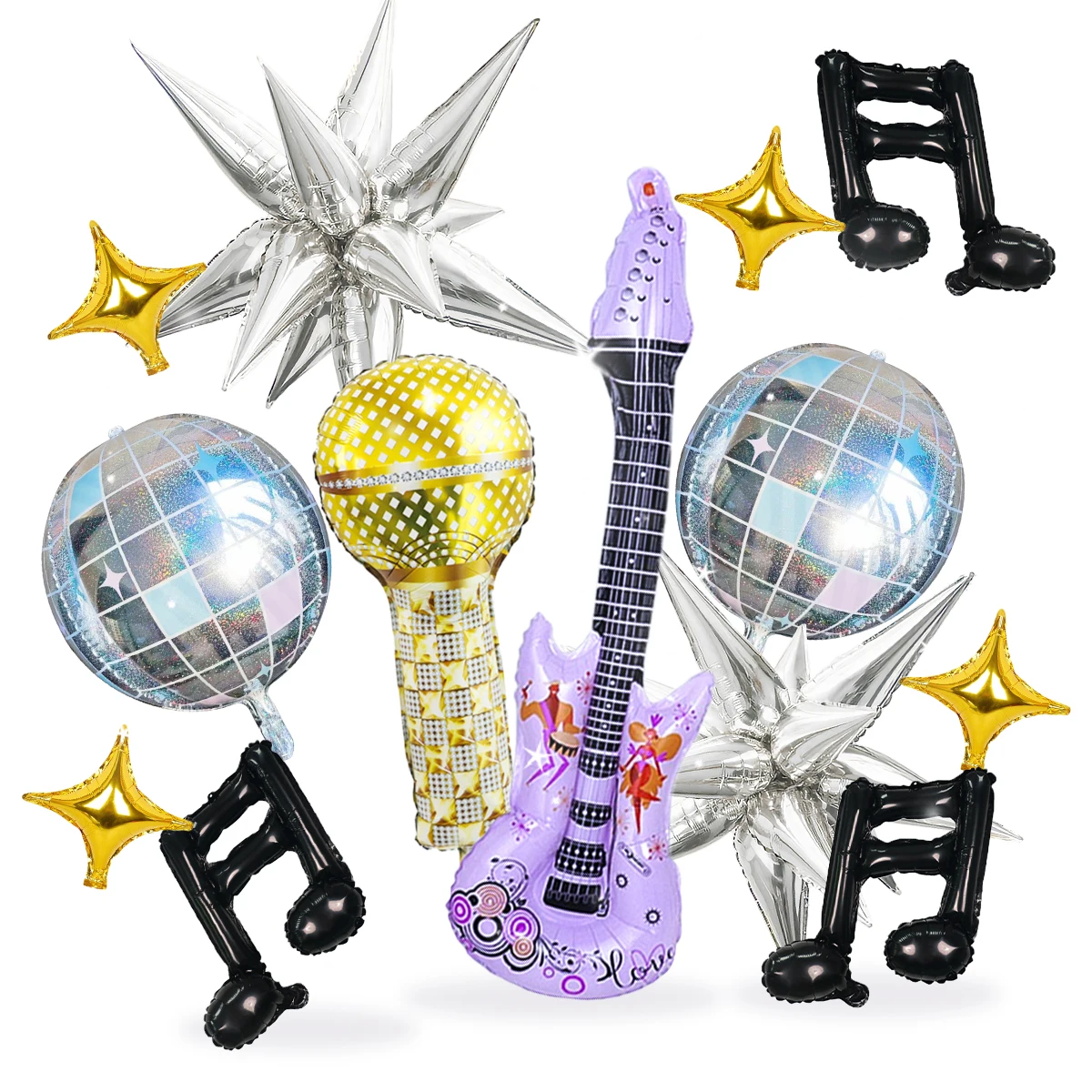 Ensemble de ballons de fête pour guitare pop, 24 pièces, microphone, guitare violette, boule disco 4d, note musicale noire et ballon étoile